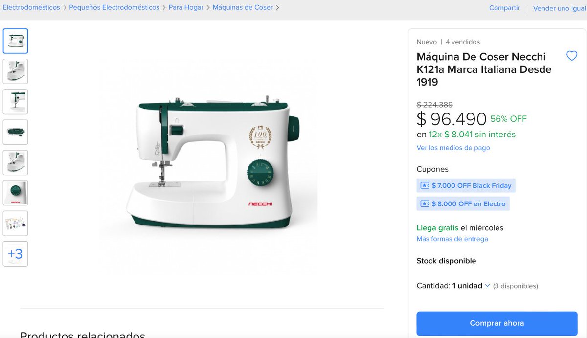 #BlackFridayRata 🧵 Máquina de coser Necchi K121a bajó a $9.6490 con todo medio de pago en MercadoLibre, vendida por la tienda oficial de Toyota.

➡️ descuentosrata.com/oferta/9509/ma…