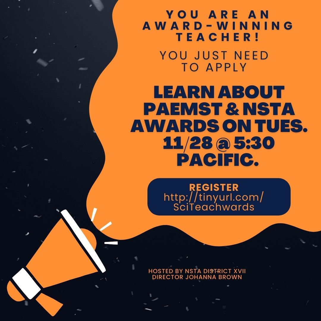 Tomorrow night! Come learn about applying for science teaching awards with lots of tips for PAEMST and NSTA! Open to all, just register for the Zoom. ;) tinyurl.com/SciTeachAwards #NSTA