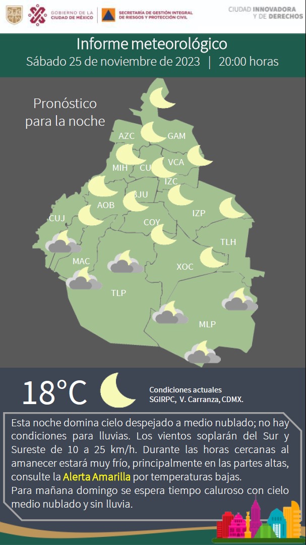 SGIRPC_CDMX's tweet photo. Esta noche en la Ciudad de México domina el cielo #despejado a medio #nublado; no hay condiciones para #lluvia. El amanecer de mañana será muy frío, principalmente en partes altas. Consulta la #AlertaAmarilla por bajas temperaturas. #PronósticoDelTiempo #LaPrevenciónEsNuestraFuerza