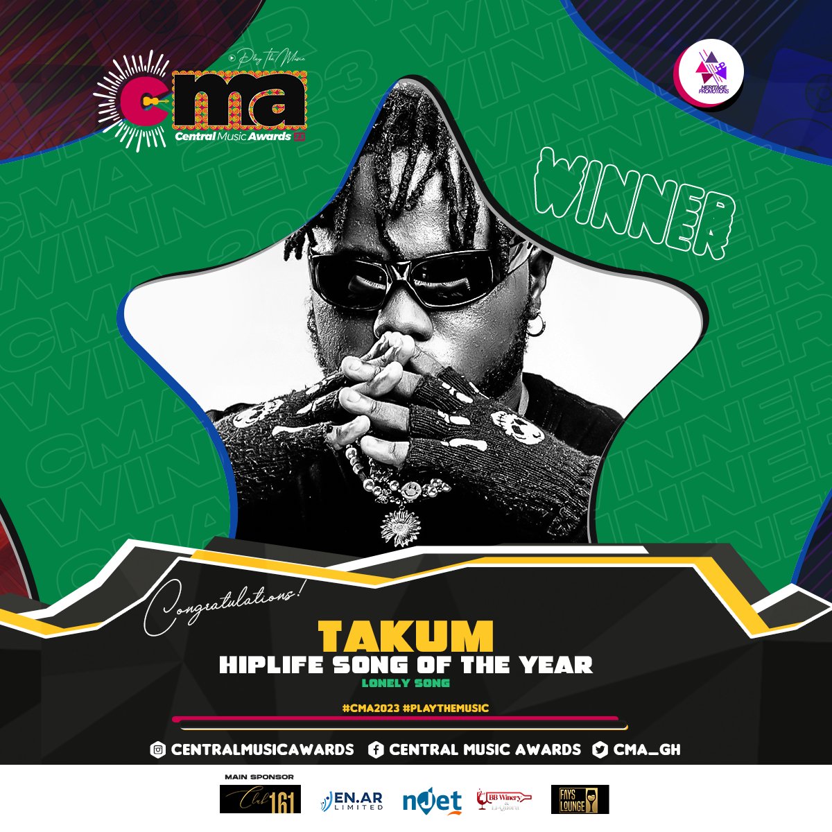 Gogetters Boss <a href="/TakumMusic/">Takum Music</a> wins BEST BEST HIPLIFE SONG OF THE YEAR 

The Central Music Awards 2023 is powered by <a href="/heritagepromogh/">Heritage Promotions</a> 

Sam George | Cheddar | Shatta Wale | Naira Marley 
#CMA23 #PlayTheMusic