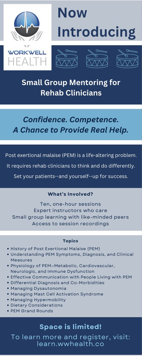 #PEM/#PESE break many rules about how the body responds to activity, often leaving rehab clinicians helpless to help. Up your skills to assist people with #PEM/#PESE through regular small group mentoring.

Starts January 2024. Space is limited. Join today! learn.wwhealth.co/offers/wmJzXJa…