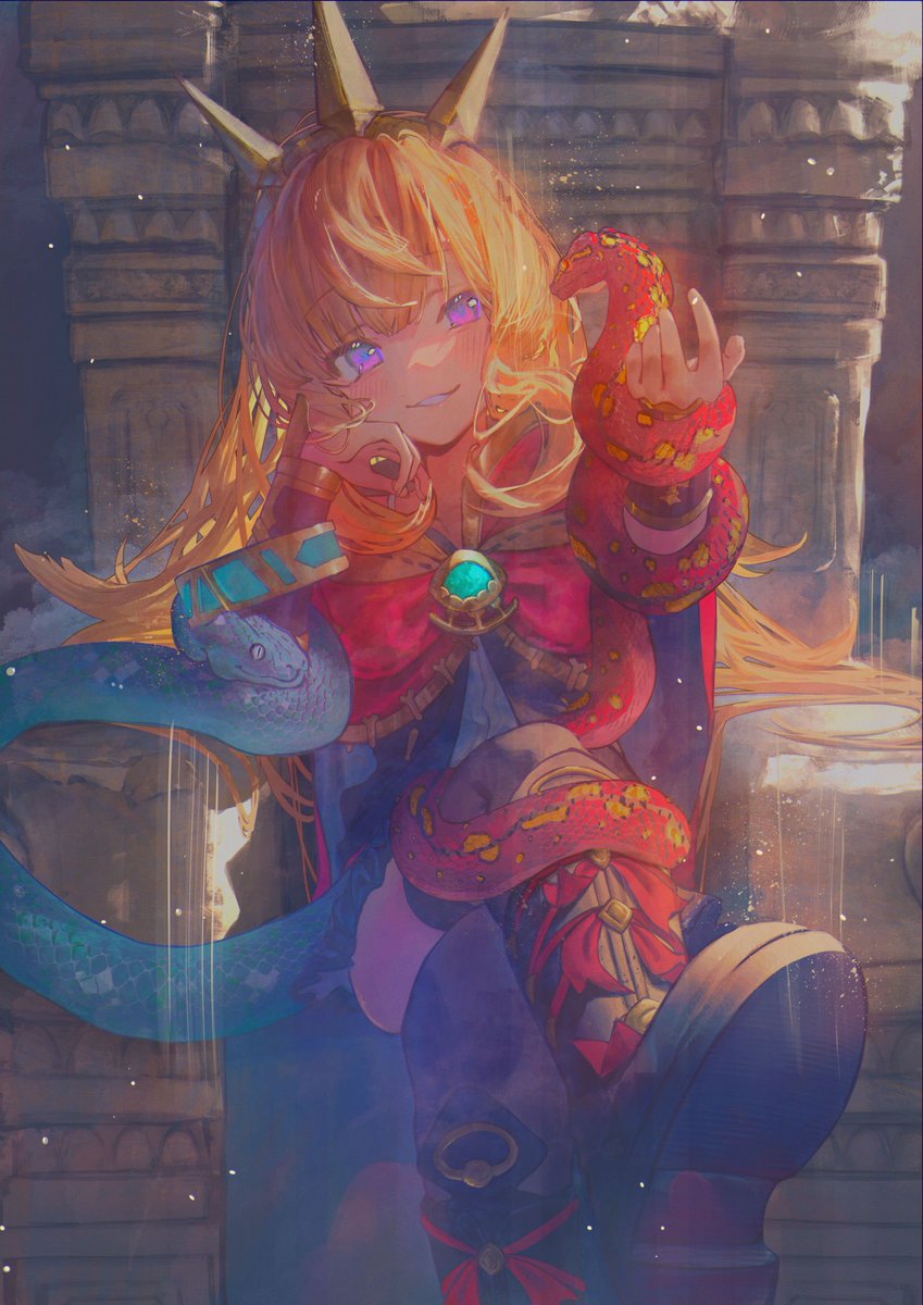 cagliostro (granblue fantasy) 1girl long hair blonde hair purple eyes solo smile sitting  illustration images