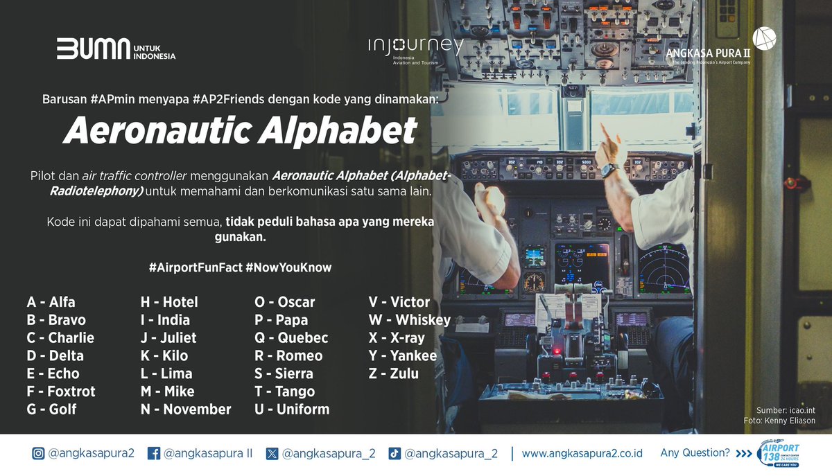 INJairports's tweet photo. Hotel Alfa Lima Oscar
Apakah #AP2Friends paham apa maksud tersebut?
Jadi barusan #APmin menyapa #AP2Friends dengan Aeronautic Alphabet. Apa sih itu? Yuk cari tahu di bawah ini 🧐
#AngkasaPura2
#InJourney
#BUMNuntukIndonesia https://t.co/t0kfiJ2xLT