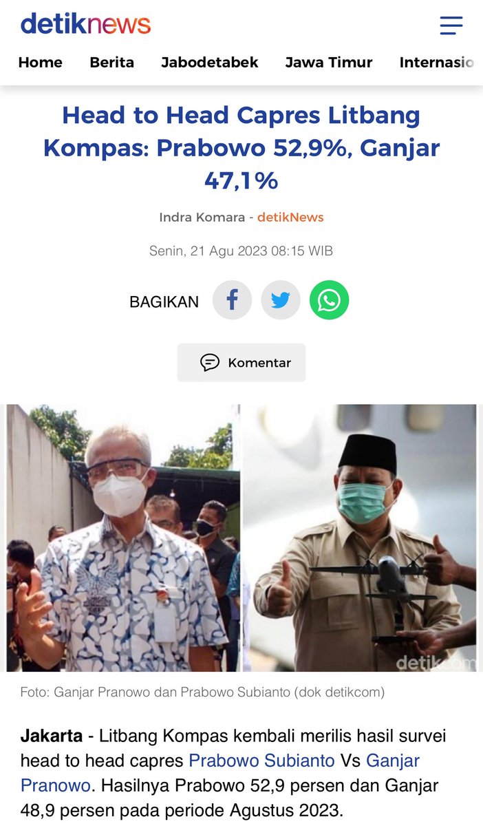 Bulan Agustus ketika Litbang Kompas mengeluarkan survei, saya sudah ngingetin, ngati-ati….!

Ehhh…malah dicurigai dukung sebelah…di kick pula darı WAG.😝

Skrng makin nyungsep kan…ditambah serangan yg serampangan dari komandan yg emosian.😂🤪

news.detik.com/pemilu/d-68869…