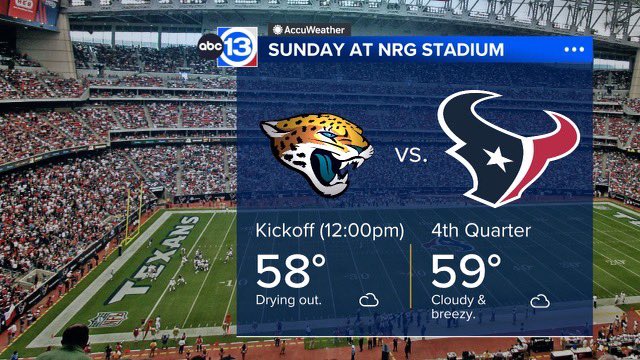 Elyse Smith - ABC13 (@abc13elyse) on Twitter photo I don’t know about you, but I’m really excited for this matchup tomorrow! If only the weather was a little better… while we should be drier by kickoff, morning tailgates might be a little damp, drizzly and chilly. <a href="/abc13houston/">ABC13 Houston</a> #WeAreTexans I don’t know about you, but I’m really excited for this matchup tomorrow! If only the weather was a little better… while we should be drier by kickoff, morning tailgates might be a little damp, drizzly and chilly. <a href="/abc13houston/">ABC13 Houston</a> #WeAreTexans