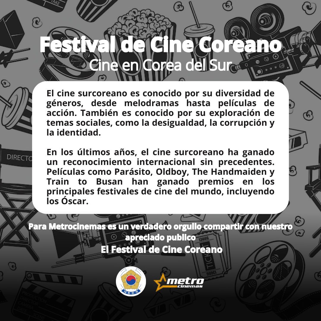 embajadacoreahn's tweet photo. Las sorpresas aún no terminan 🤩🎞️🎥

Para cerrar con broche de oro la fiebre coreana, Hallyu Lovers y la Embajada de Corea les trae en esta ocasión el Festival de Cine Coreano. 🍿🕶️ https://t.co/WHrjZR4pPk