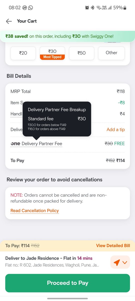 iamrtm1's tweet photo. @Swiggy @SwiggyInstamart @SwiggyCares 
Check this out! I received complimentary delivery, even with a cart value below ₹199. Could this be an early Christmas present 🎅—free delivery on orders over ₹99? https://t.co/InpoPhrGhV