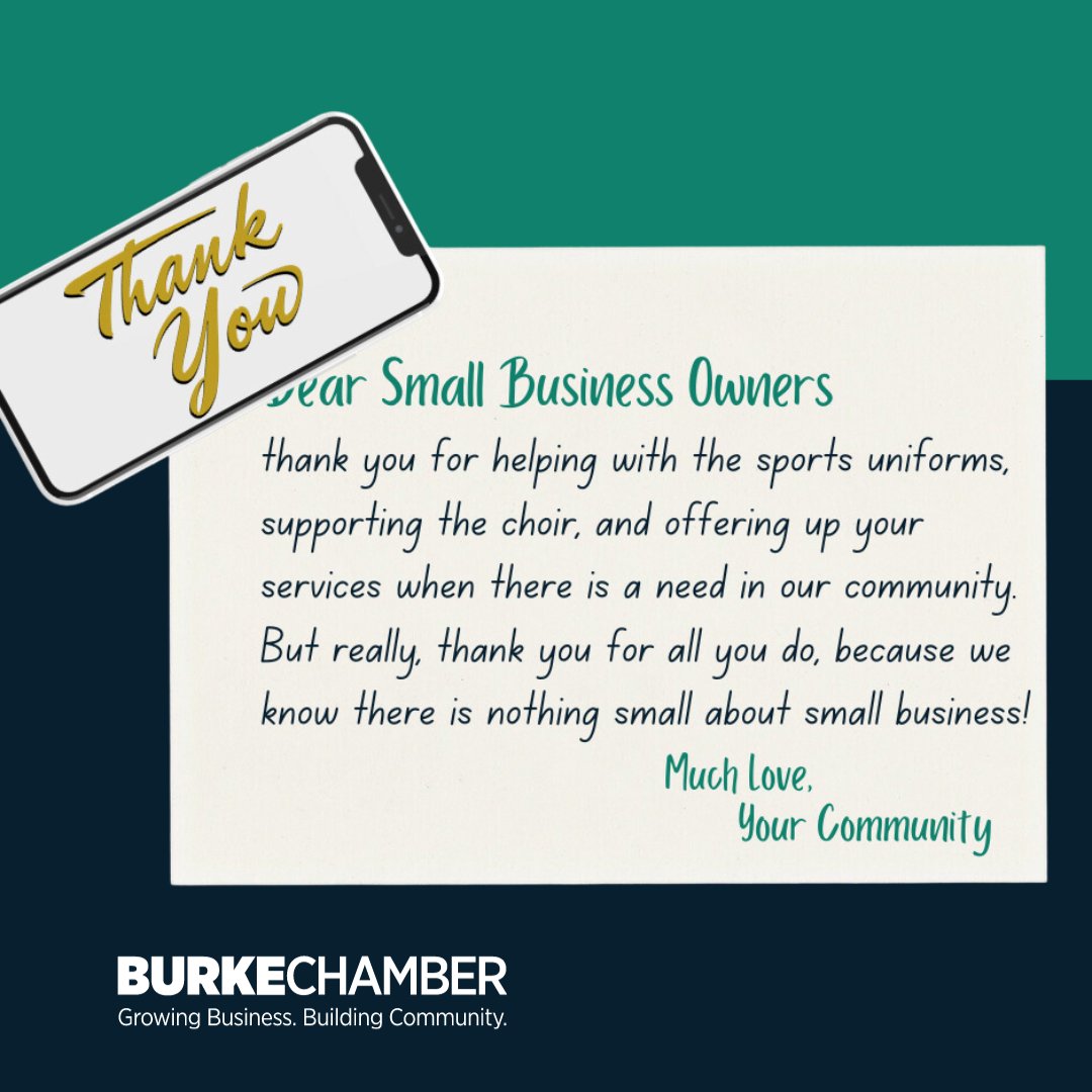 TheBurkeChamber's tweet photo. Dear Small/Independently-Owned Businesses... THANK YOU! β€οΈ
#BurkeBusiness #SupportBurke #GrowingBusiness #BuildingCommunity #AmexSBSChampion #ShopSmall #SmallBizSat https://t.co/zm1OCSLllO