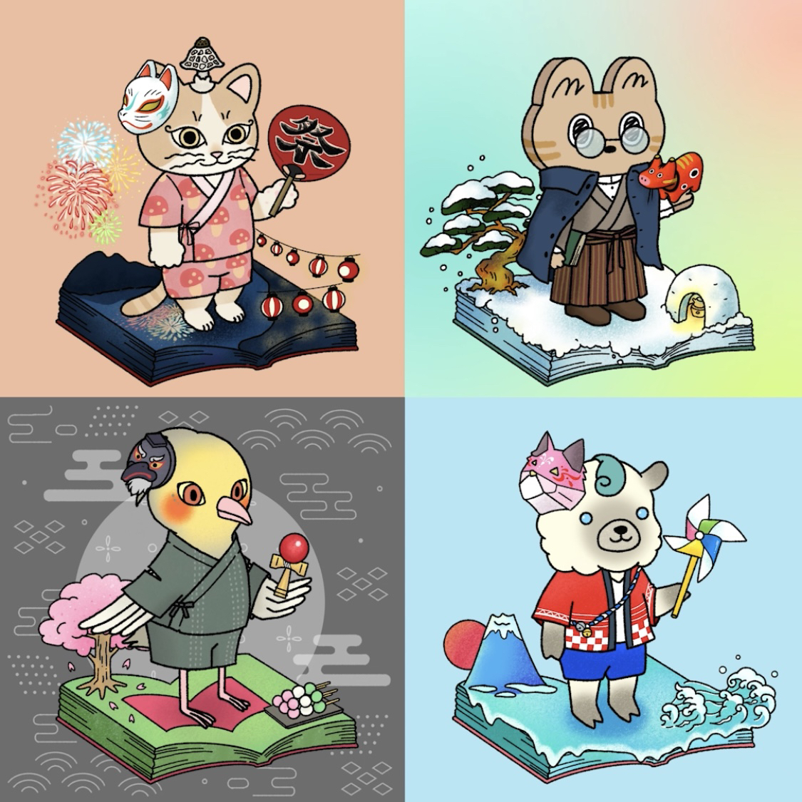 今日は #grinpeace についてお話させていただきます🙏

このプロジェクトは1年以上前から4人でああでもないこうでもないと話し合って準備してきました。 
grin peaceのジェネラティブはこの4匹の旅の始まり、最初の一歩です。

1/3