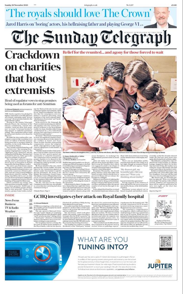 Presenting Sunday’s front page from: #SundayTelegraph Crackdown on charities that host extremists For additional #TomorrowsPapersToday and past editions of newspapers and magazines, explore: tscnewschannel.com/category/the-p… #buyanewspaper