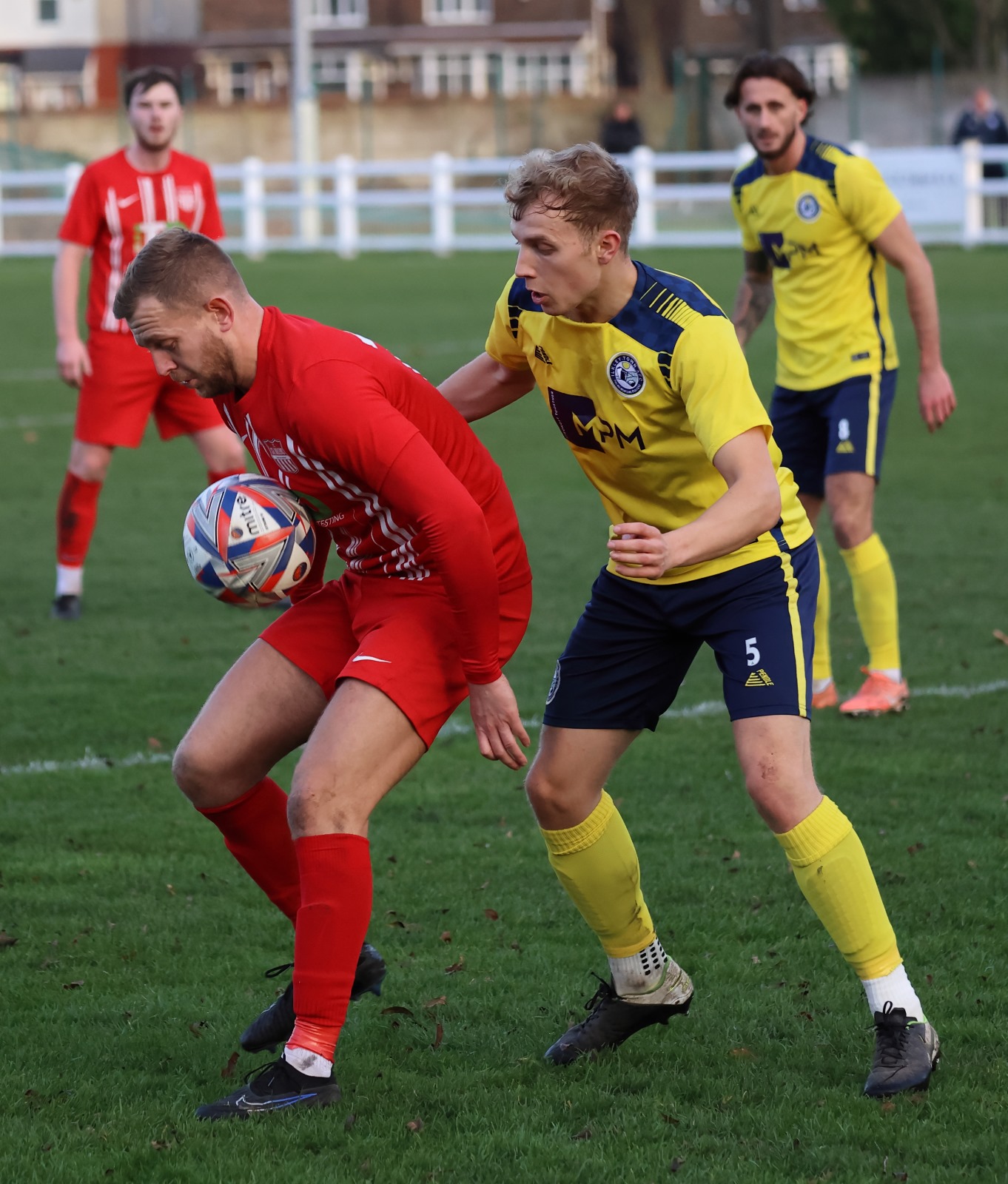 FC St Helens' Josh Hall chests the ball down.