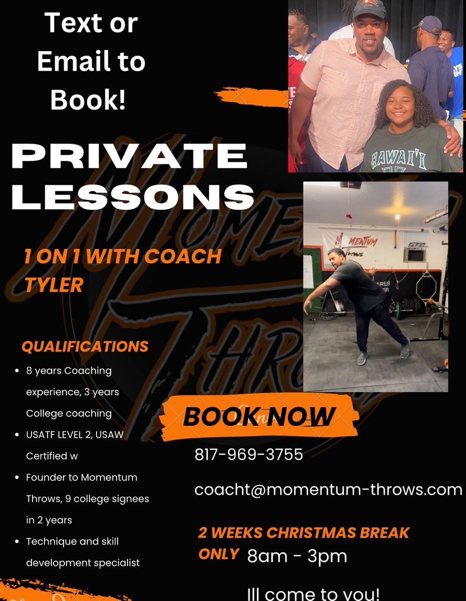 Live in the DFW METROPLEX and Want to get ahead? Looking for a hammer or even Jav coach? Fix your technique? Or even make it to regionals or state? We can help! 

Dm or contact us in the flyer! 💪🏾💪🏾