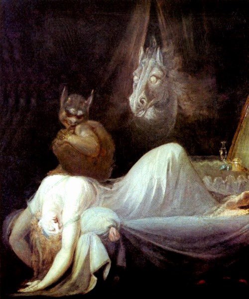 The Nightmare (circa 1790-1791), by Henry Fuseli, whereas the “mare” in the painting represents the word nightmare