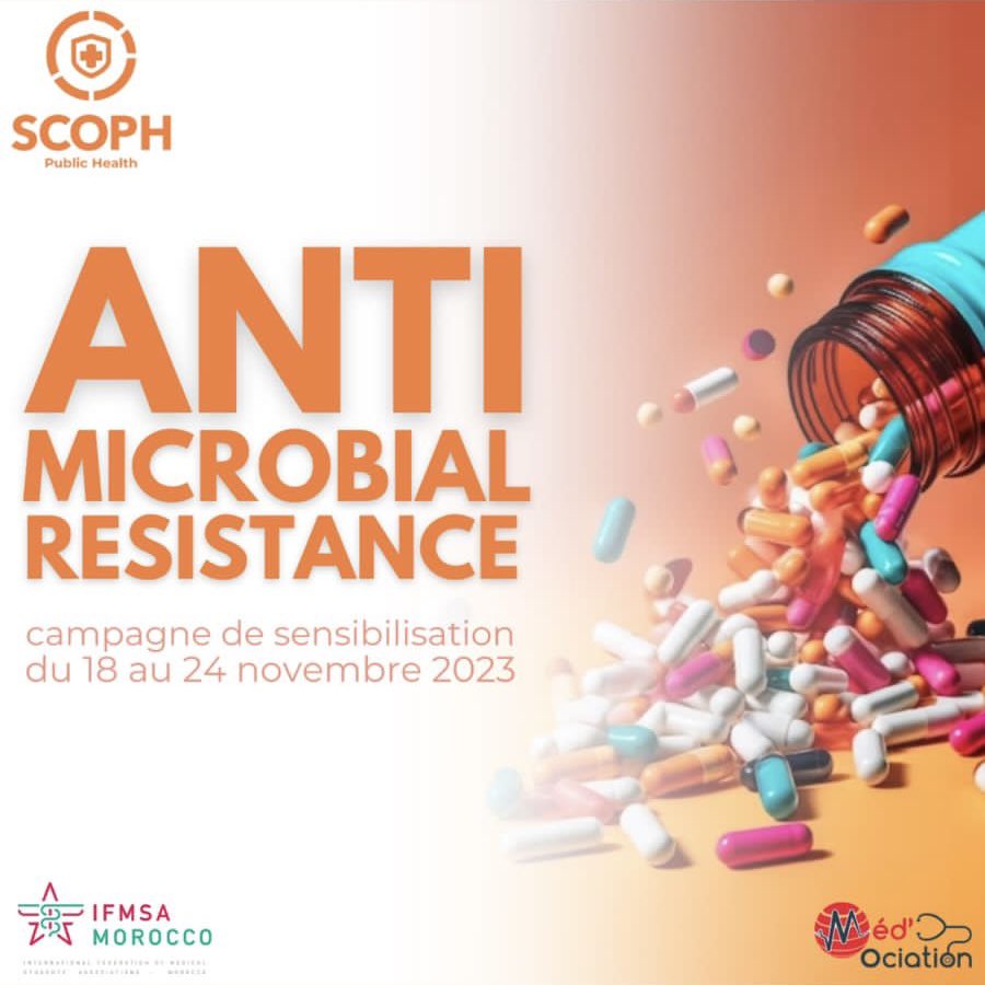 IFMSAMorocco's tweet photo. [Antimicrobial Resistance National Awareness Campaign]
From the 18th to the 24th of November, IFMSA-Morocco unites for the same cause: AMR awareness.
Rabat’s committee (Méd’Ociation) joins the adventure with this short movie 🧡
https://t.co/ocgF2RzlAm
#WAAW #WorldAMRAwarenessWeek https://t.co/6pq1Llvw3j