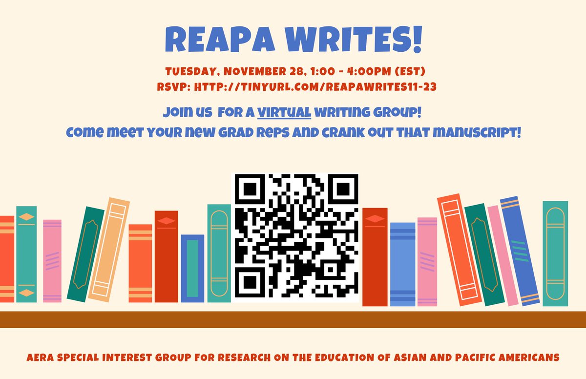 AERA-REAPA Graduate Students (@reapagrads) on Twitter photo Full from Turkey Day & tired of being bombarded by shopping ads? Join the REAPA Reps to detox with 3 hours of academic writing! Don't worry this deal is completely Free.99!
See you Tues. Nov 28 from 1 - 4PM! RSVP
tinyurl.com/reapawrites11-…
#AcademicChatter #REAPAWrites <a href="/REAPA_SIG/">AERA REAPA-SIG</a> Full from Turkey Day & tired of being bombarded by shopping ads? Join the REAPA Reps to detox with 3 hours of academic writing! Don't worry this deal is completely Free.99!
See you Tues. Nov 28 from 1 - 4PM! RSVP
tinyurl.com/reapawrites11-…
#AcademicChatter #REAPAWrites <a href="/REAPA_SIG/">AERA REAPA-SIG</a>