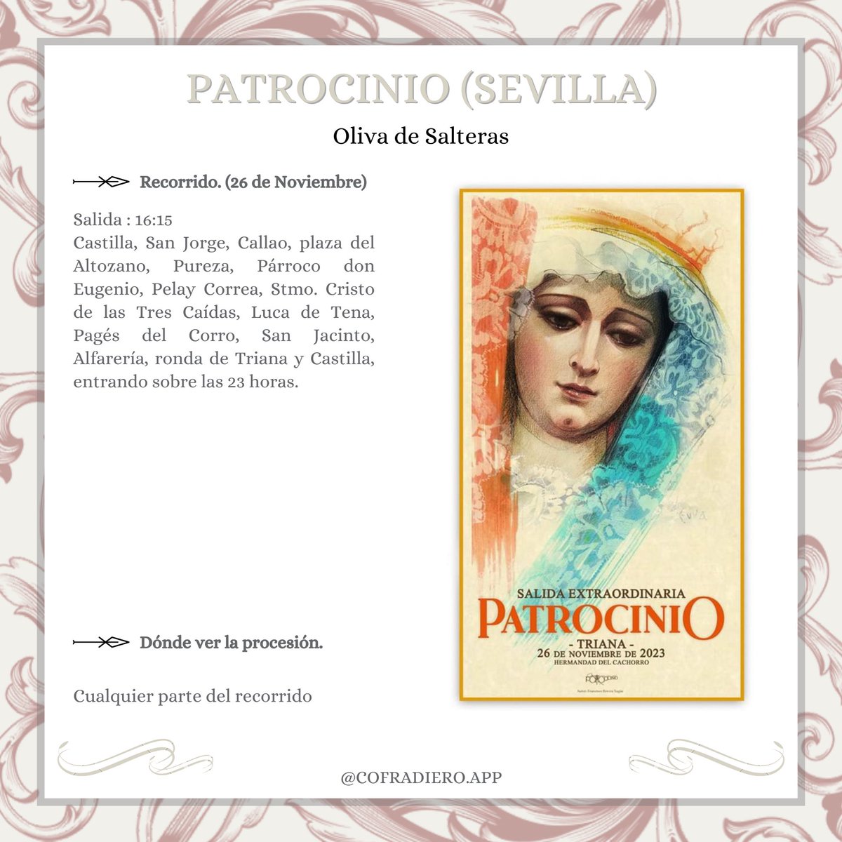 SEVILLA | Mañana viviremos la procesión extraordinaria de la Virgen del Patrocinio. 
<a href="/OlivaSalteras/">La Oliva de Salteras</a> <a href="/HdadCachorro/">El Cachorro</a> 

#sevillacofradiera #ELCOFRADIERO #TDSCofrade