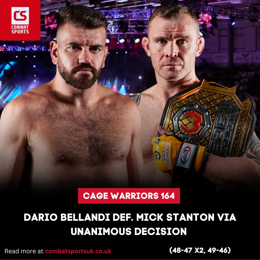 #CW164 Result: Dario Bellandi def. Mick Stanton via Unanimous Decision (48-47x2, 49-46).

A gutsy back-and-forth, well-rounded fight between Bellandi and Stanton. Both having success in the grappling and striking departments, but ultimately, it was Bellandi who came out on top.
