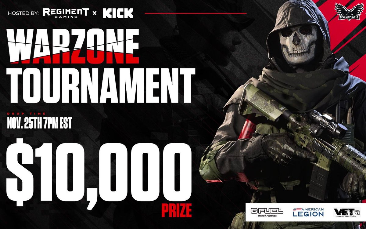kickcommunity's tweet photo. Kick Community Event Alert 🔔

We've proudly teamed up with our @RegimentGG family to bring you the first Kick Warzone Tournament 💪

With a huge $10,000 prize on the line, you don't want to miss this 👀

Starting shortly! 📺