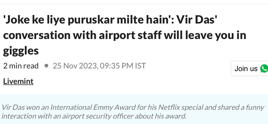 Joke Ke Liye Puruskar Mila? 
What A Joke, SirJi! 🤣

#Joke #Award #Emmy 
<a href="/thevirdas/">Vir Das</a>