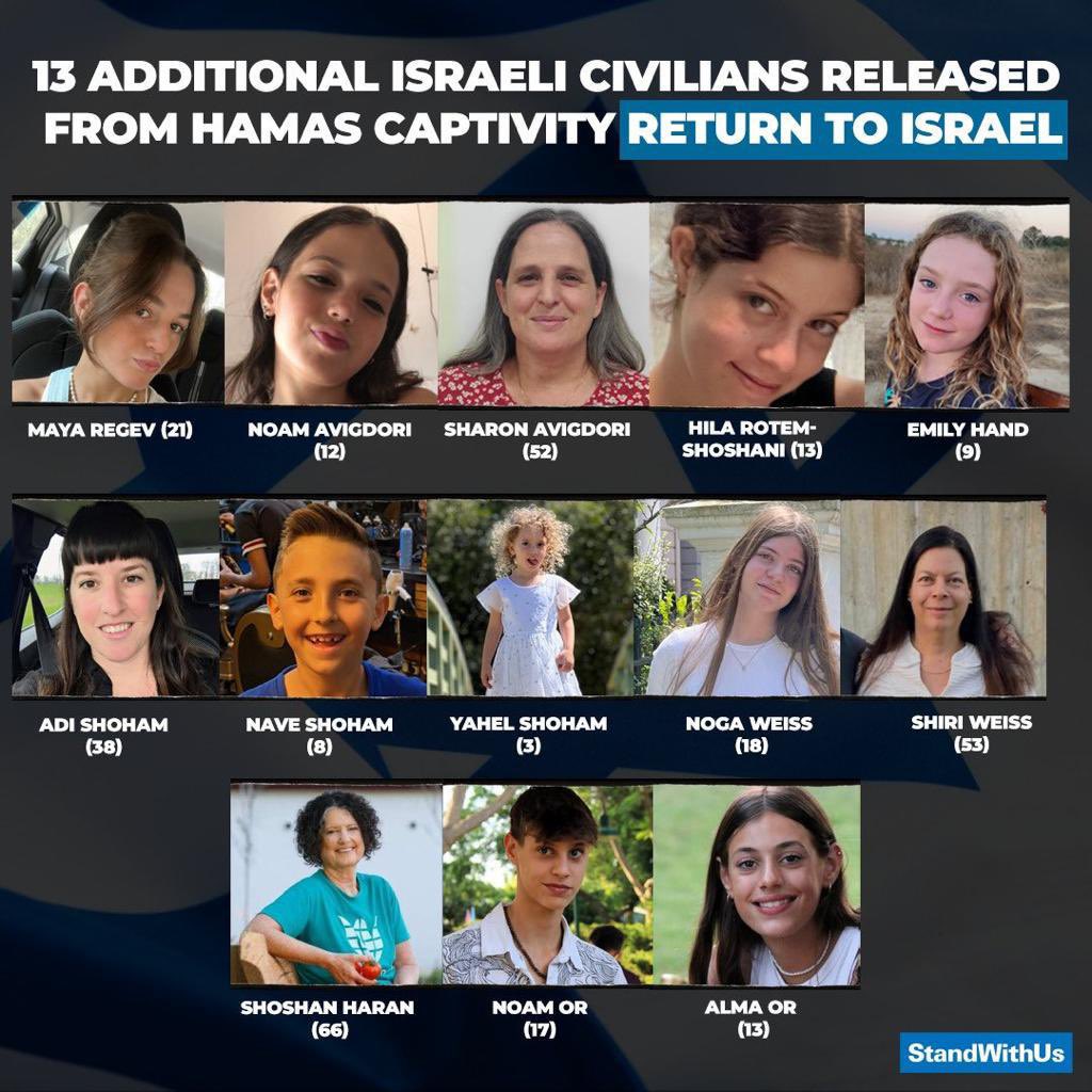 Another 13 hostages released בָּרוּךְ אַתָּה יְהוָֹה אֱלֹהֵינוּ מֶלֶךְ הָעוֹלָם, מַתִּיר אֲסוּרִים Blessed are you Adonai our God, ruler of the universe, who frees the captive #HostageRelease #BringThemBackHome