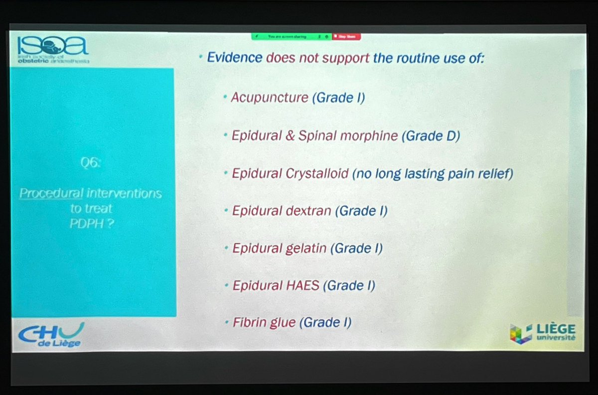 OBsleepmerchant's tweet photo. Q6. Procedural interventions: list of things NOT supported; Greater Occipital nerve block (for PDPH after spinal? Probably still need EBP); Sphenopalatine Ganglion block not routinely recommended - this probably made @Ropivacaine lose hair, a popular treatment. #ISOA23 #OBAnes https://t.co/x00kBbFOzu
