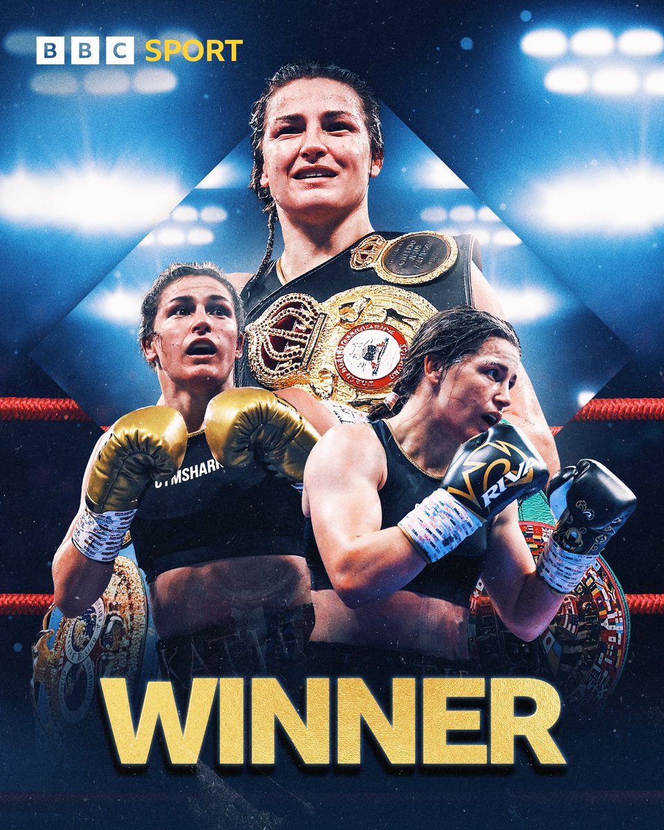 BBCSport's tweet photo. KATIE TAYLOR WINS! 🙌

She becomes a two-weight undisputed world champion on a majority points decision!

#CameronTaylor2 #BBCBoxing https://t.co/DimLK7LzV0