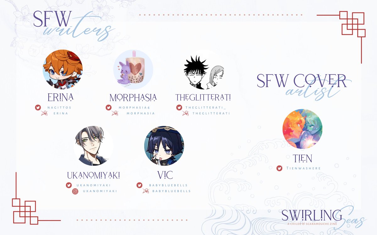 🌺 SFW Cover Artist
<a href="/tienwashere/">Tien @ Tomolifemaxxing</a>

🌺 SFW Writers
<a href="/nagittos/">mari</a> <a href="/morphasia4/">💟 morph 🔪 / fanbook era... two!!</a> @theglitterati_ <a href="/ukanomiyaki/">uka | cf r33 go & bc 📦🚢</a> <a href="/babybluebells/">vic ♪</a>