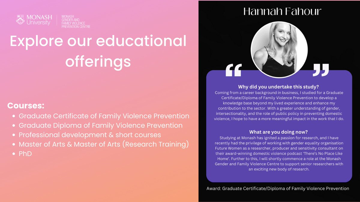 Today #16Days #16DaysOfActivismAgainstGBV we highlight our sector & industry responsive graduate education in #FamilyViolence Prevention See testimonials from our recent grads on the impact of the programs & their post-graduation roles monash.edu/arts/gender-an… @MUARCresearch