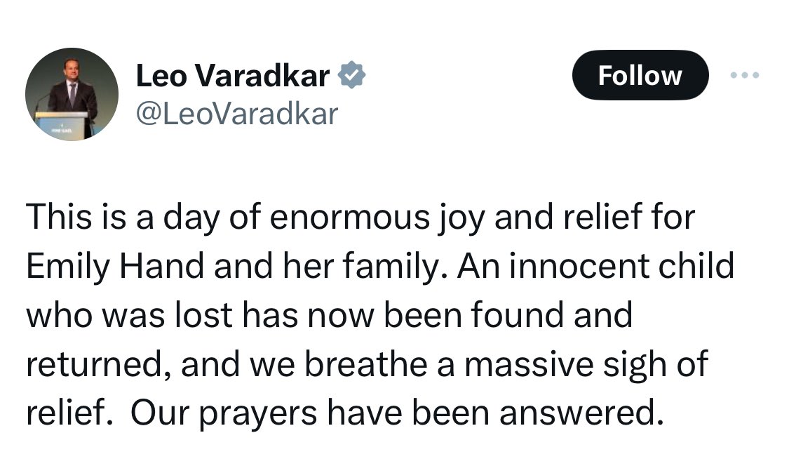 No, Prime Minister <a href="/LeoVaradkar/">Leo Varadkar</a>,  this isn’t a case of “lost and found”.

Barbaric Palestinian terrorists stole Emily and kept her and other kids in captivity in Gaza for 50 days.