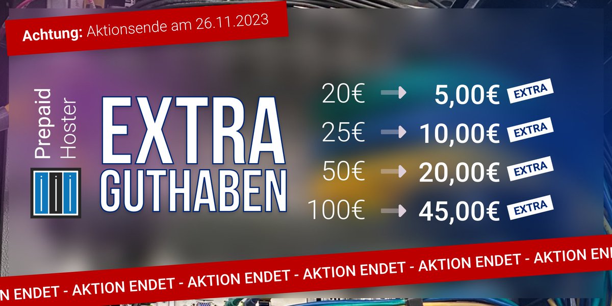 In weniger als 8 Stunden sind unsere Aktionen zu Ende! 🎉
Sichere dir jetzt noch schnell 48% Rabatt auf PPH Pro, 30% Rabatt auf sämtliche virtuelle Server, bis zu 45% Extraguthaben oder spare 10€ Setup bei unseren Dedicated Servern.

☑️ Lass knacken: s.pp-h.eu/blackfriday-x