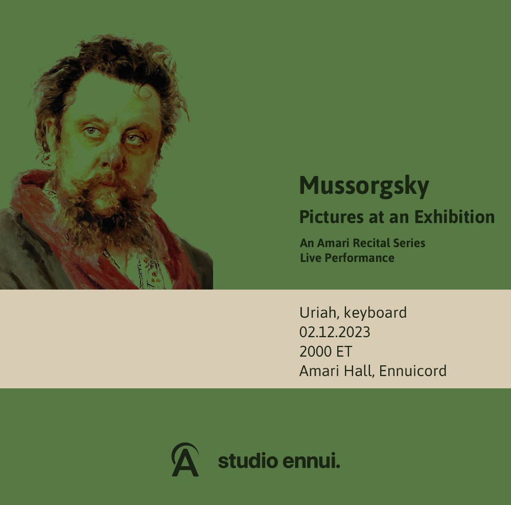 StudioEnnui's tweet photo. Dec. 2nd: the Amari Recital Series continues with a performance of Mussorgsky's Pictures at an Exhibition. Only in Ennuicord &amp; only for owners of The Amari Recital Series Pass. As always, immense thanks to @amaridotgg for their leadership in supporting the arts on @hedera!

#HBAR https://t.co/vrdPu5kGkE