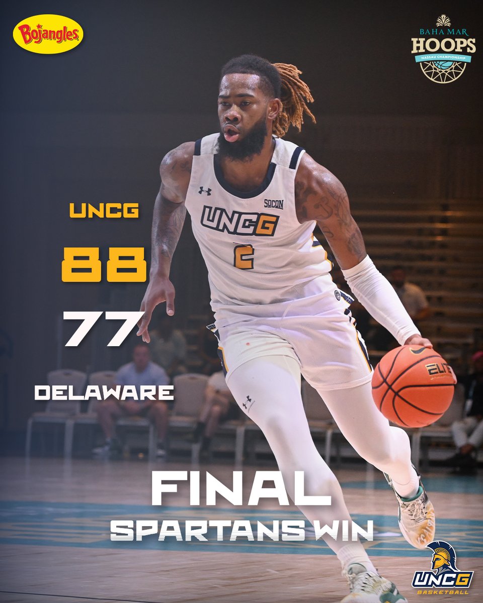 FINAL‼️ 

UNCG punches its 🎟️ to the <a href="/BahaMarHoops/">Baha Mar Hoops</a> Championship game tomorrow at 7 PM! Spartans will play UIC/GWU 🌴

5⃣ Spartans scored double figures, with Mikeal Brown-Jones tallying a team-high 18 points. 

Final score presented by Bojangles #letsgoG