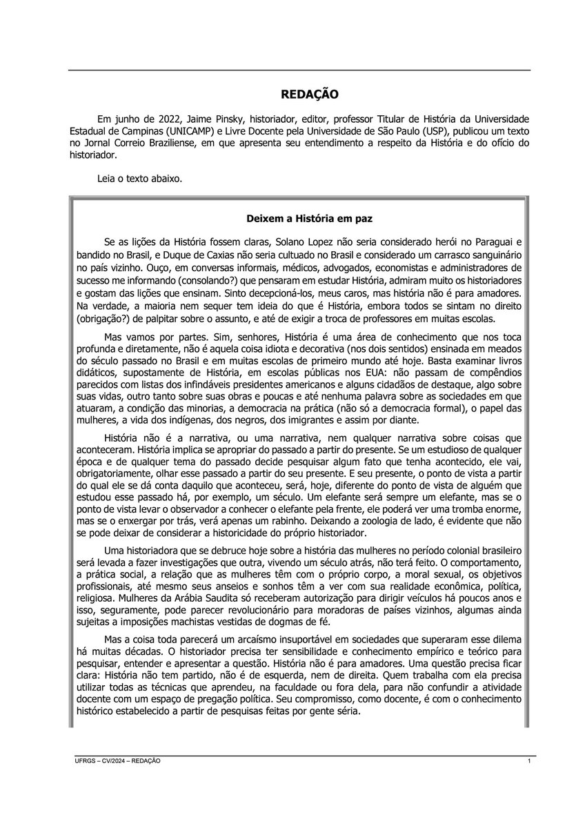 avilaprof's tweet photo. 📝 Tema de Redação UFRGS 2024: Que História pode e deve ser ensinada? Mais uma vez, a banca propôs aos candidatos a redação de um texto dissertativo no estilo "Resposta ao texto". 💡

#vestibular #ufrgs #redacao #grupodoavila #portugues #aprovacao #federal #ufrgs2024 https://t.co/AOrGCaWKad