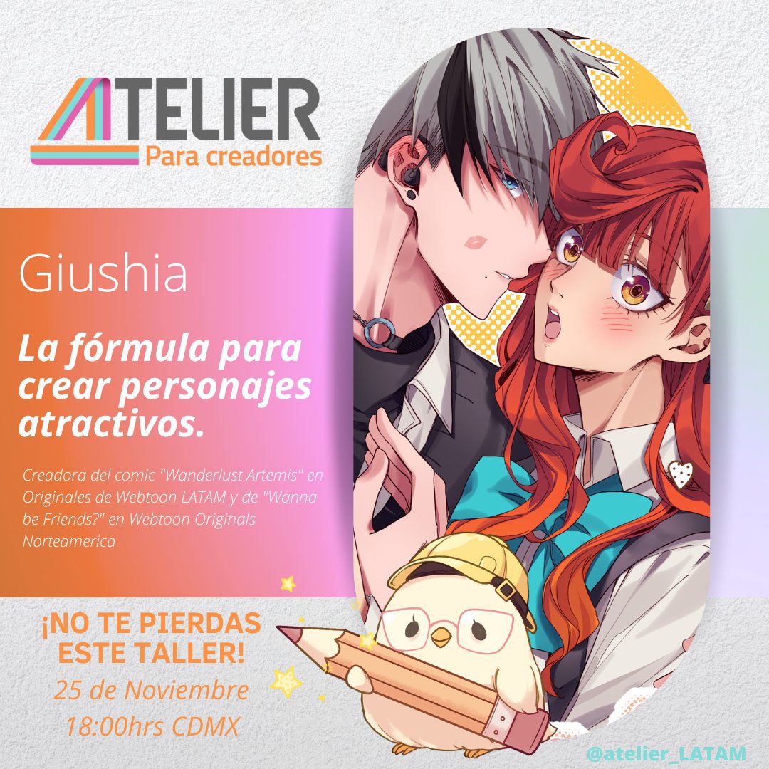 Estamos por comenzar con nuestra cuarta invitada, <a href="/giushia/">Giu(ジュー)@read WANNA BE FRIENDS? @ webtoon!</a>, autora de Wanderlust Artemis y Wanna Be Friends en Webtoon Originals, con su taller “La fórmula para crear personajes atractivos” Nos vemos en el stream!