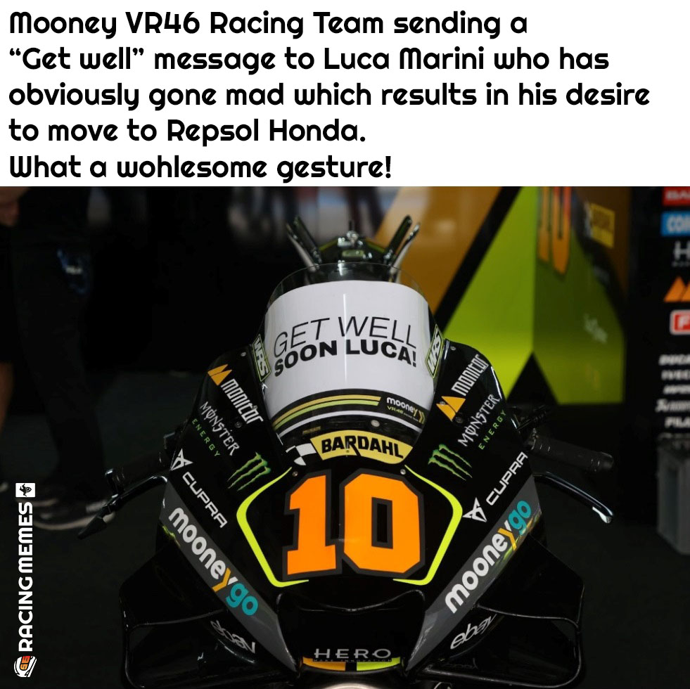 racingmemes56's tweet photo. Official: Luca Marini to leave the Mooney VR46 Racing Team at the end of 2023

#MotoGP2023
#MotoGP2024
#MotoGP
@Luca_Marini_97
@VRRidersAcademy
@VR46RacingTeam
@MotoGP
#LucaMarini
#Marini
#LM97
#MooneyVR46RacingTeam
#VR46Ducati
#RacingMemes
#RacingMemes56 https://t.co/hVM1KmIsad