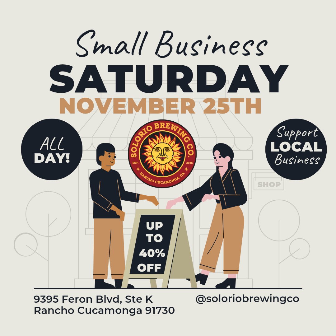 SolorioBrewing's tweet photo. SMALL BUSINESS SATURDAY SALE, today, November 25th. All day! 40% Off- Tank Tops and Oktoberfest T-Shirts. 
20% OFF- Solorio LogoT-shirtss, Hats,beaniess, stickers, embroidered patches, and 15" Aluminum Solorio Logo Sign. Food Truck: TaqueriaMazatlan serving at 5pm. Open 1 to 10pm https://t.co/1xKkZA6Fed