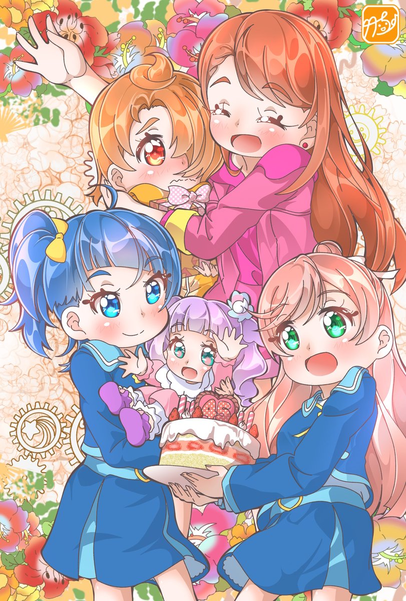 nijigaoka mashiro ,sora harewataru multiple girls smile blue eyes flower blue hair food long hair  illustration images