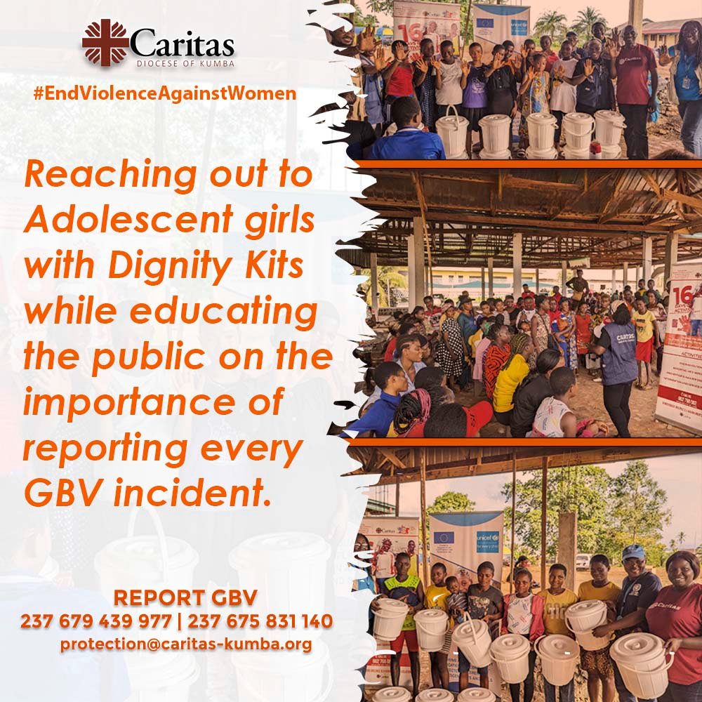 As part of #16DaysActivism, #CaritasKumba 🏨, #CaritasMamfe 🏥 and #UNICEF reached out to vulnerable Adolescent girls 👩🏽👩🏿 in Mamfe, affected by the crisis with Dignity Kits ⛑ while educating the public 💡 on  reporting GBV incidents.

#EndViolenceAgainstWomen 👩🏾