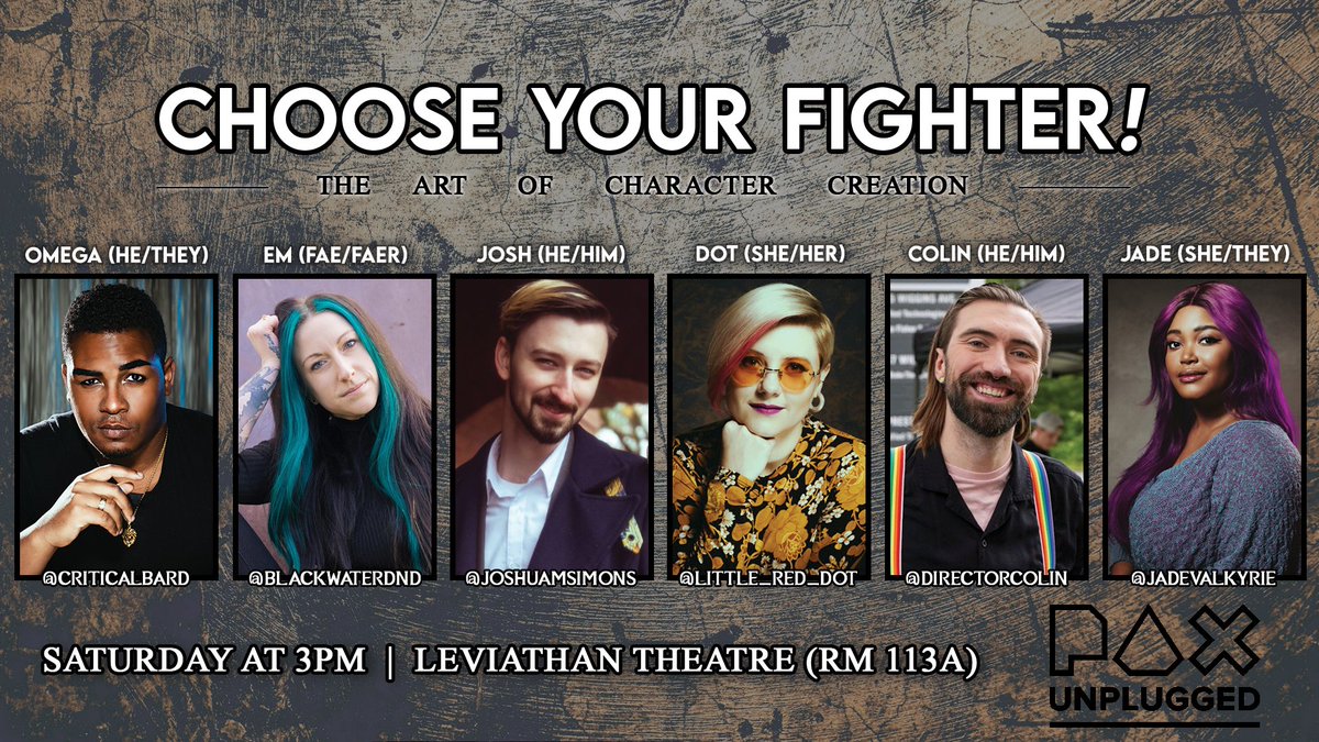 *announcer voice* CHOOSE YOUR CHARACTER!

Join CB along with Em from <a href="/BlackwaterDnd/">BlackwaterDND is on other platforms!</a>, <a href="/JoshuaMSimons/">Josh Simons</a>, <a href="/little_red_dot/">🔴 Dot 🔜 GenCon 🔴</a>, <a href="/DirectorColin/">Colin McManus | Cast Party DM</a> of <a href="/CastPartyDND/">CAST PARTY</a>, &amp; <a href="/JadeValkyrie/">Jade Valkyrie 🗡️</a> at #PAXUnplugged for a panel about character creation in TTRPGs!

— Saturday @ 3PM ET in the Leviathan Theatre!