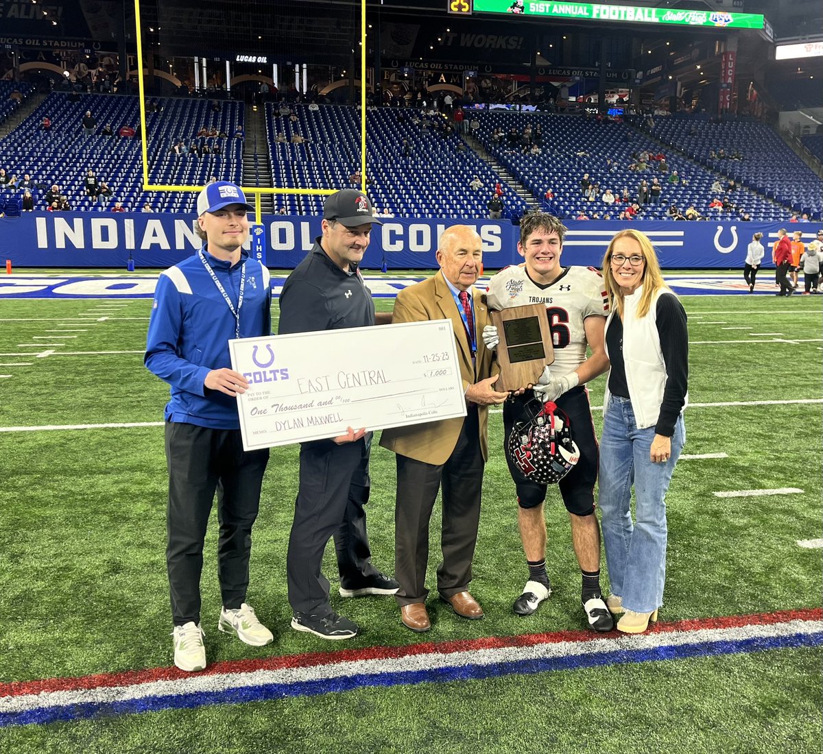 IHSAA1's tweet photo. Congratulations to East Central’s Dylan Maxwell, the 2023 recipient of the Phil N. Eskew Mental Attitude Award for Class 4A Football, presented by the Indianapolis Colts! @ECTrojanSports @coltscommunity https://t.co/g1AuwPpiqk