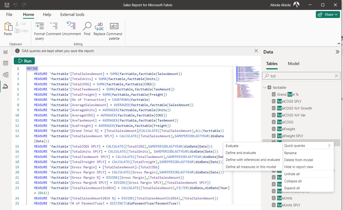 AbiolaDavid01's tweet image. Using the #DefineAllMeasuresInThisModel in the #QuickQueries flyover in Power BI Desktop enables seeing all the measures in a data model. This is super-handy to investigate any measures.

#PowerBIDesktop #ExploringNovember2023Updates #mvpbuzz