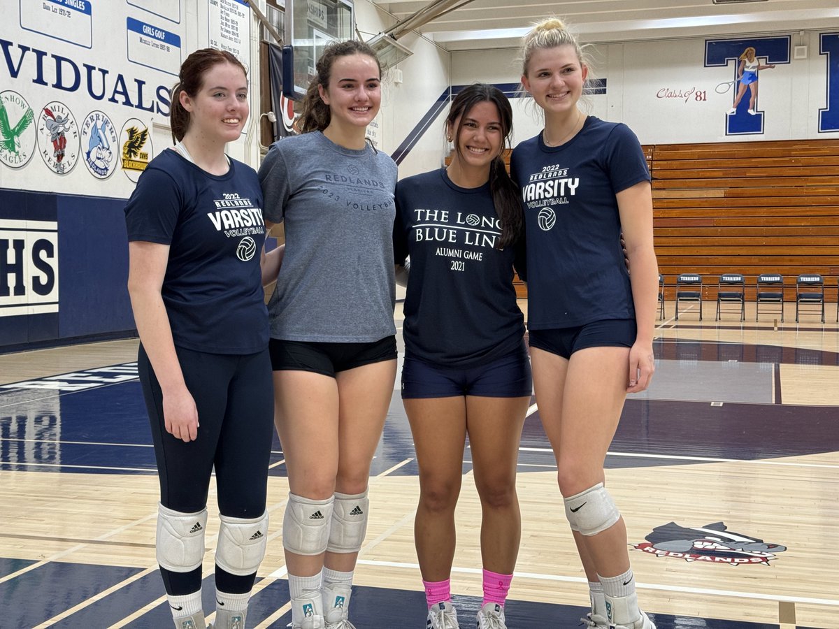 RHSGirlsVB's tweet photo. Former teammates Lauren Reiter, Julia Tolstova, Hanalei Martinez and Kaley Joye at the 2023 Alumni game.  There were 2 actives and 5 alumni in total, which played two sets on a four on four format (with Coach Flowers playing).  #TheLongBlueLine https://t.co/LfNW2tniTA