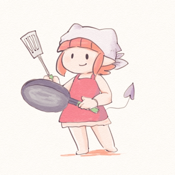1girl frying pan spatula solo tail pointy ears demon tail  illustration images
