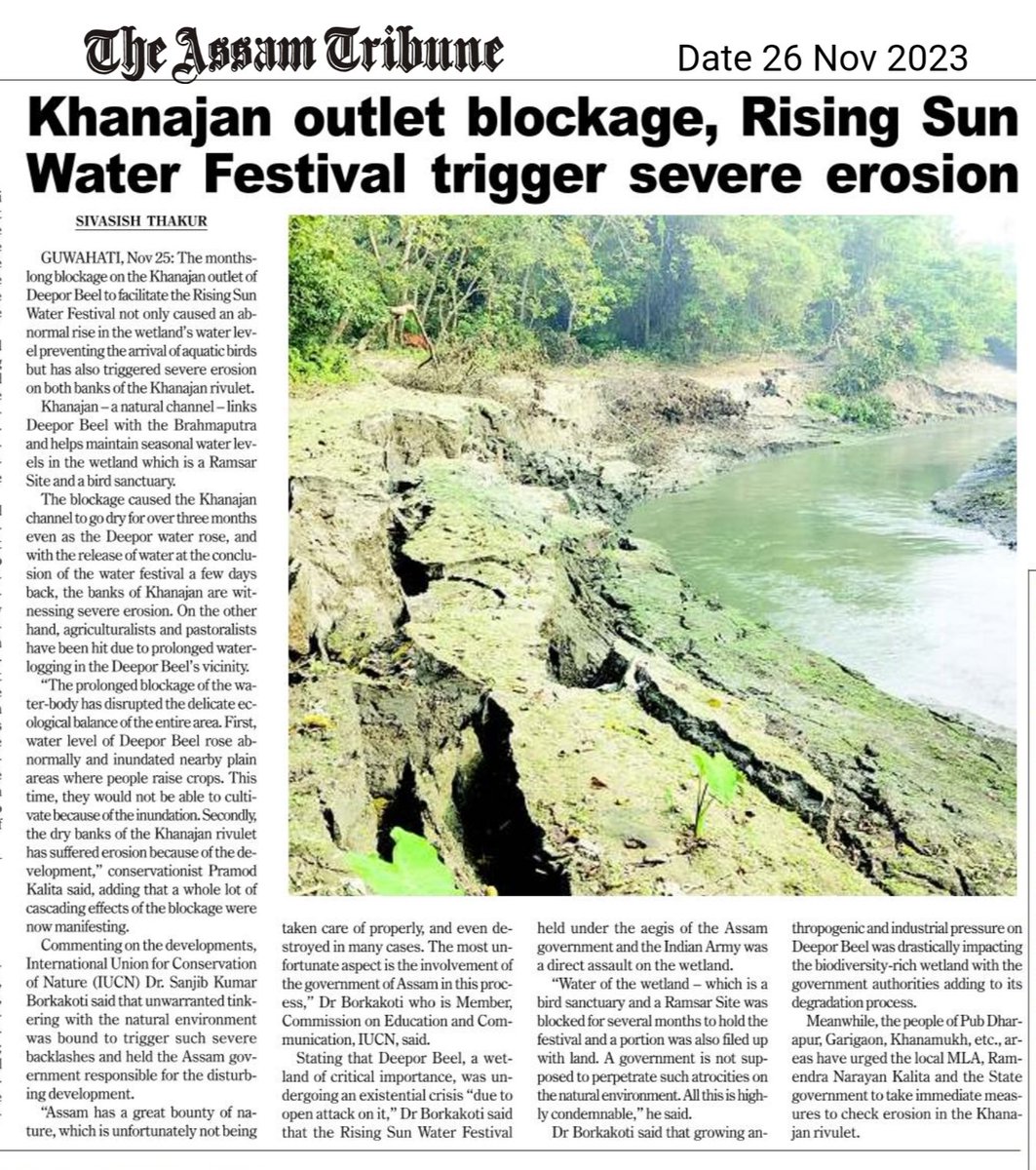Khanajan outlet blockage, Rising Sun Water Festival trigger severe erosion: The Assam Tribune.26/11/23. @RamsarConv @UNESCO