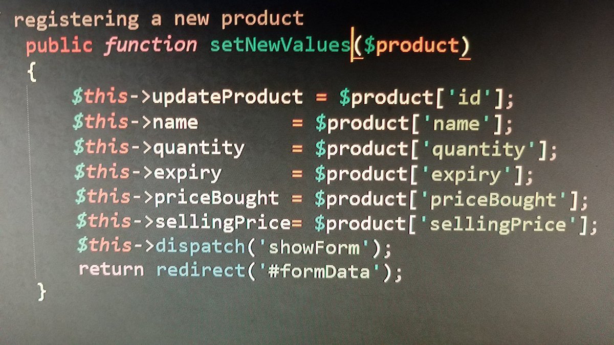 98Programmer's tweet image. Greetings seniors. This function is to set the values of the product on the listed livewire model properties , update the input elements on page with the values from here.
Problem: it updates alright but fails to appear in input fields on view.
Thanks in advance
#laravel
