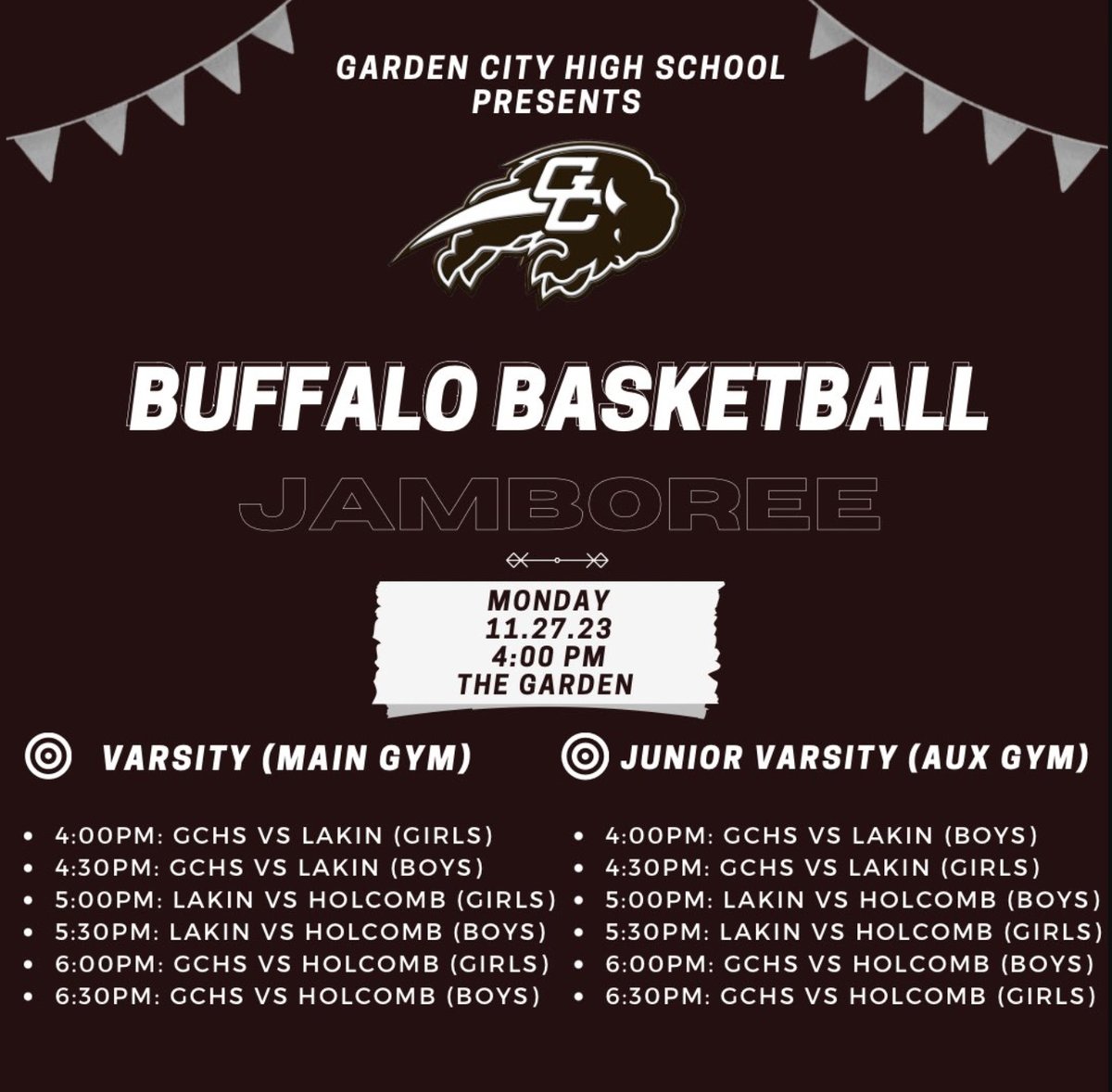 GCHSmensbball's tweet image. Come check out your Buff girls and boys basketball teams on Monday, November 27. Scrimmages start at 4:00pm.
Admission: FREE
Concessions Available!