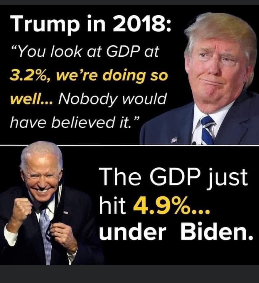 sandkey211's tweet photo. Hey Republicans, under the criminal president Trump the GDP at 3.2 was considered great…. so it must be fantastic now at 4.9%. Great job Joe. https://t.co/B3dpsJ9Vw9