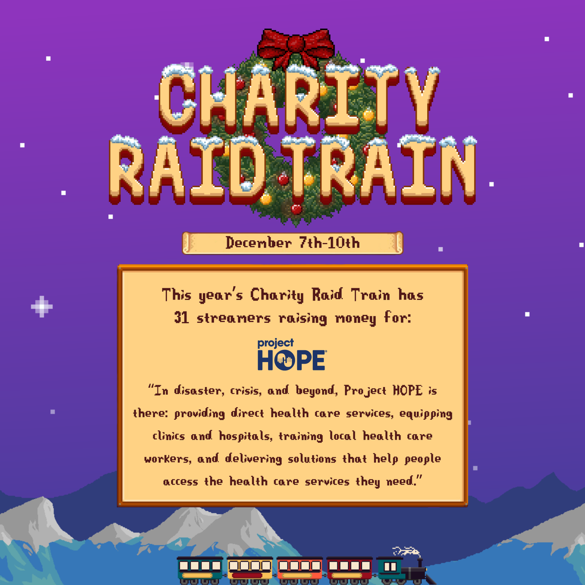 CharityRaid's tweet photo. This Charity Raid Train we're supporting @ProjectHOPEorg's Power-UP for Mental Health initiative - 

Project HOPE believes mental health is a human right, which is why Project HOPE works to support mental health globally. https://t.co/iFhCHISiOk

📅CRT Stream Schedule ⬇️ https://t.co/vH9TiD4Xe3