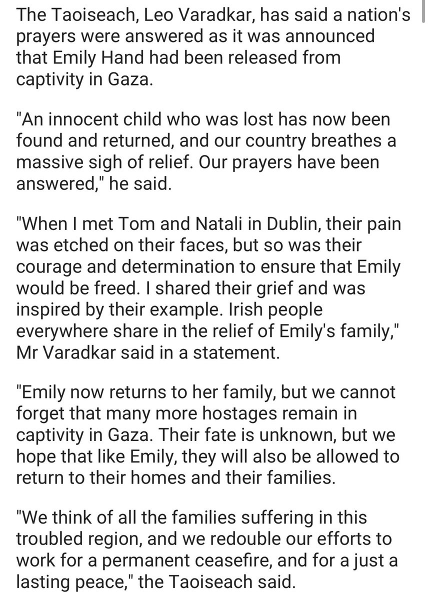 This is Leo’s full quote from @rtenews. Might be wise for the Taoisach @LeoVaradkar to have a chat with his social media manager… like all Irish Jews and many others around the world delighted that little Emily has been released.