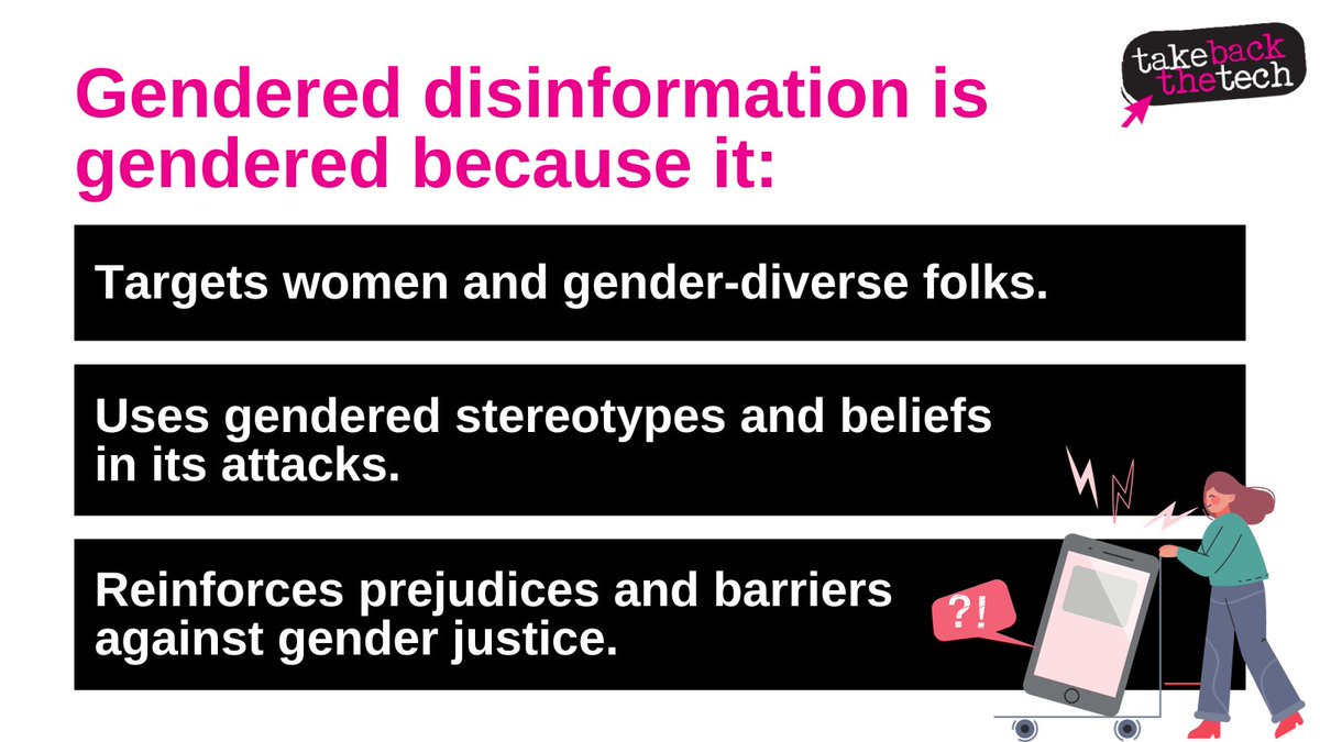 takebackthetech's tweet photo. When false &amp; malicious information is shared with the intention of reducing credibility using gendered stereotypes, it's #GenderedDisinformation.

As we begin #16Days with the International Day for Elimination of #GBV, join us in spotlighting this vital issue. #25N #TBTT2023 1/4 https://t.co/sG6WA9Wgf1